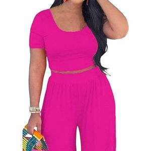 Never worn cute hot pink 2 piece pants and cropped top set (pants run long